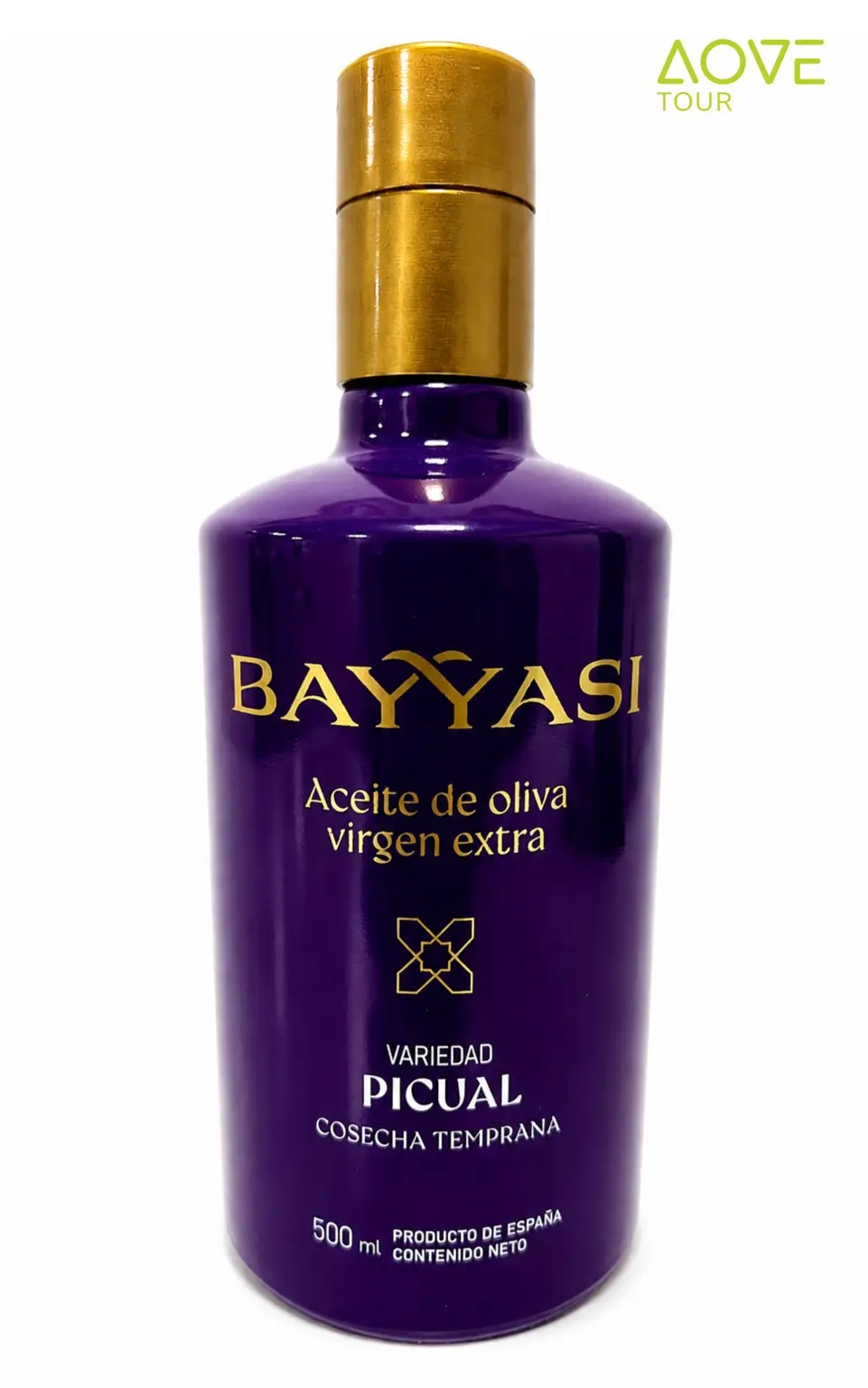 Botella púrpura y dorada de AOVE Bayyasi, variedad Picual de cosecha temprana